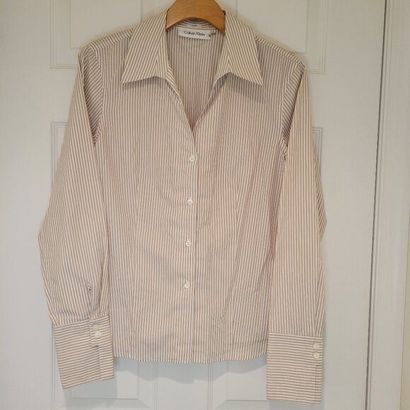 Calvin Klein Tops - CALVIN KLEIN Blouse Tan & White Stripes